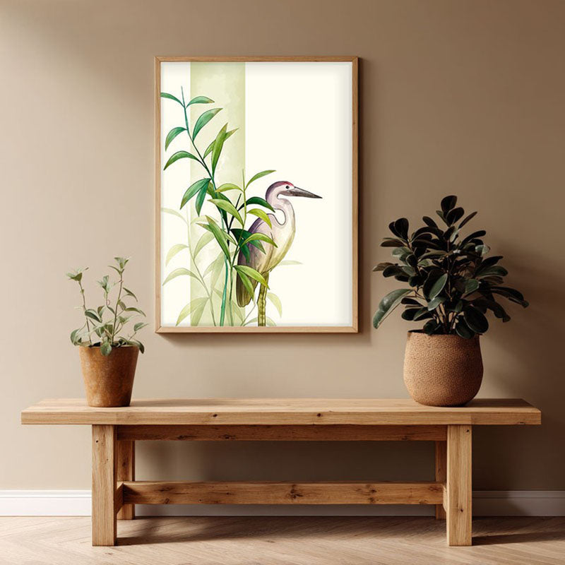 Soothing Stork Botanical Archival Paper Wall Art - Natural Brown Frame