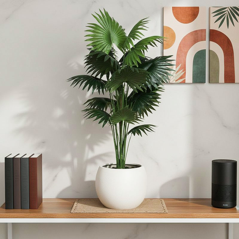 ExoticaGreen Artificial Fan Palm Plant With Black Plastic Pot - 1 Feet