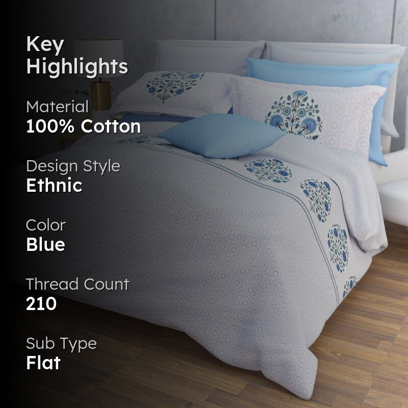 Awana Ethnic Cotton Bedsheet (Blue) - 210 TC media 2
