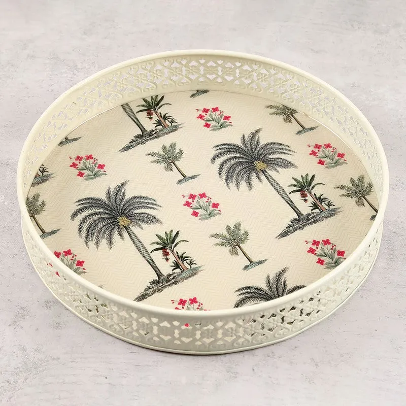 India Circus Palmtree Ivory Round Galvanized Iron Serving Tray media 4