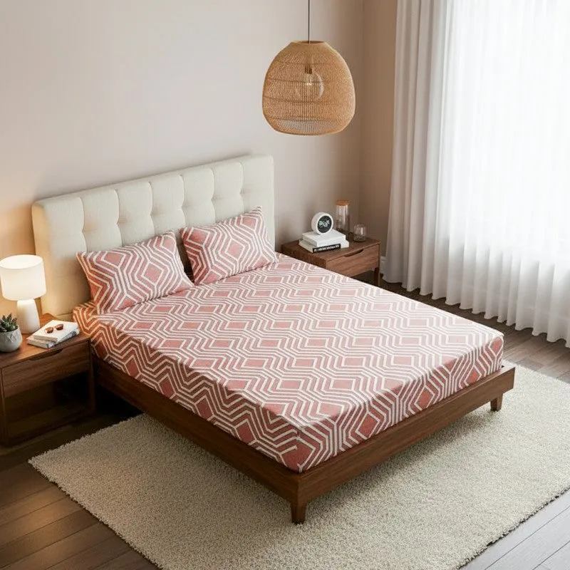 Akoya Geometric Cotton Bedsheet (Peach) - 200 TC media 1