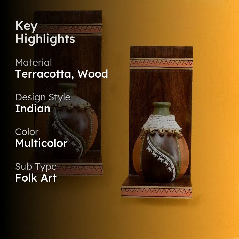 Coco Calm Wooden Wall Shelf With Earthen Vases - Set Of Four media 2