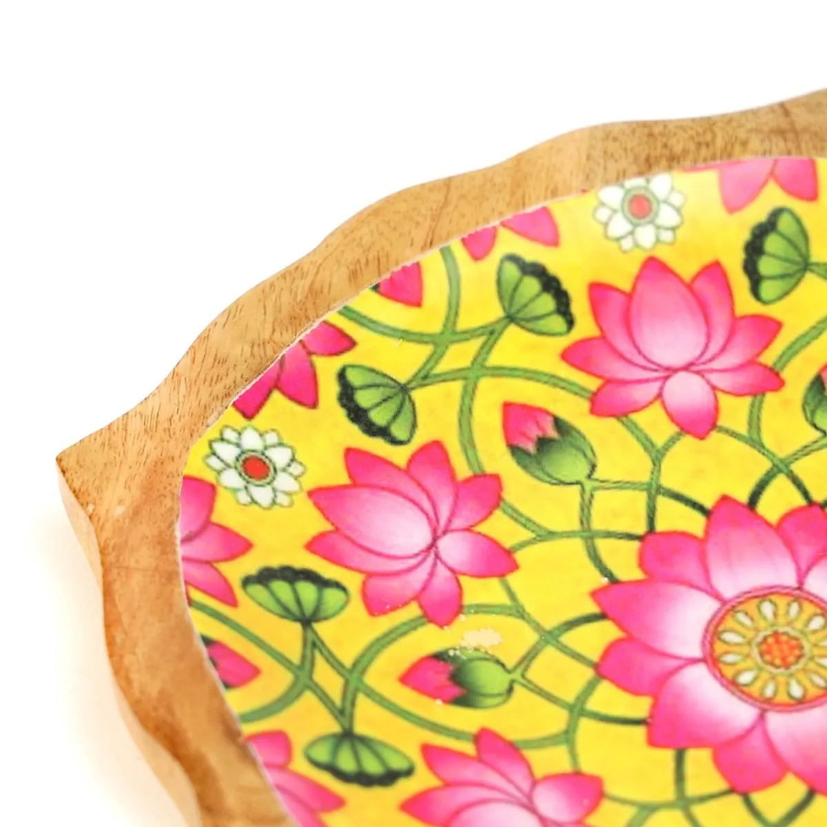 Detailed view of yellow floral platter surface and natural wood border