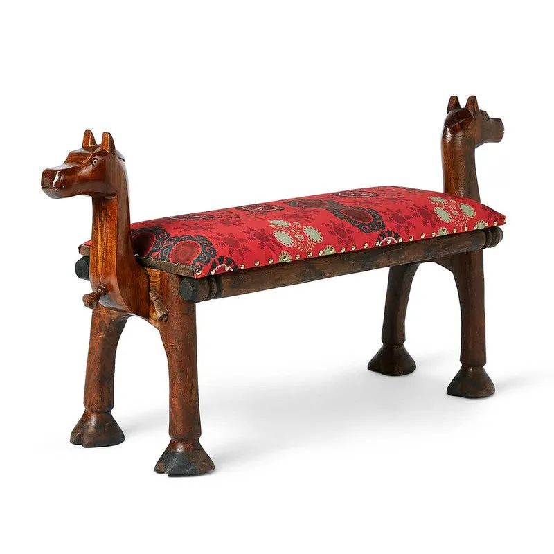 India Circus Acacia Wood Raceme Rosettes Wooden Camel Bench media 3