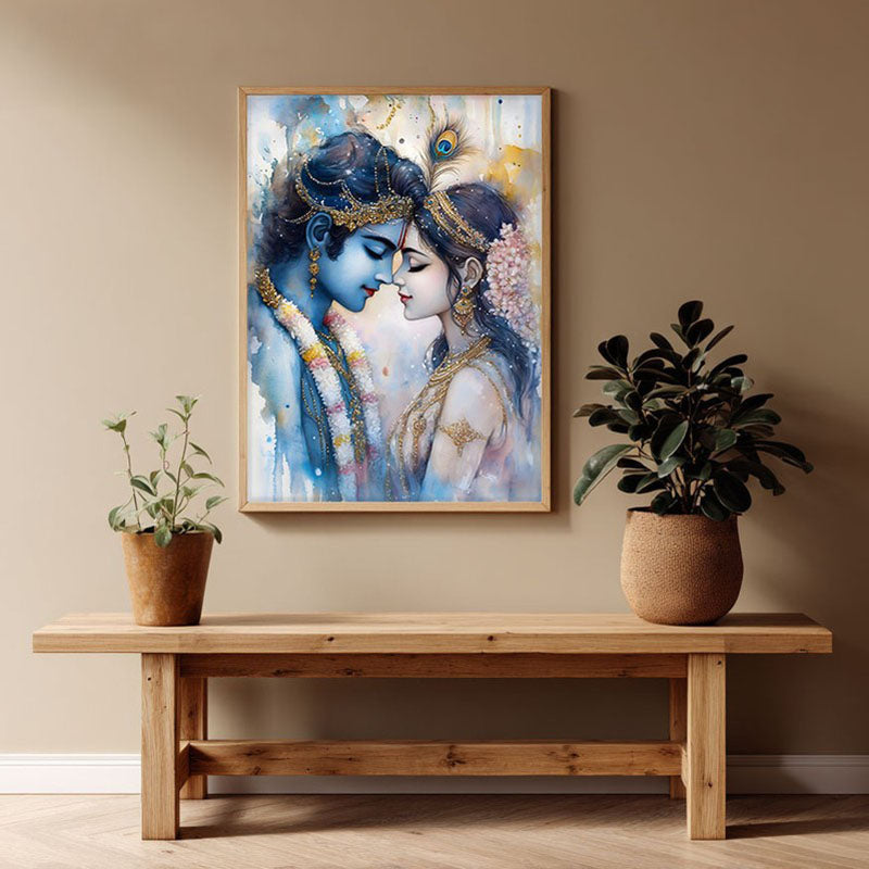 Radhe Gopala Spiritual Archival Paper Wall Painting - Natural Brown Frame