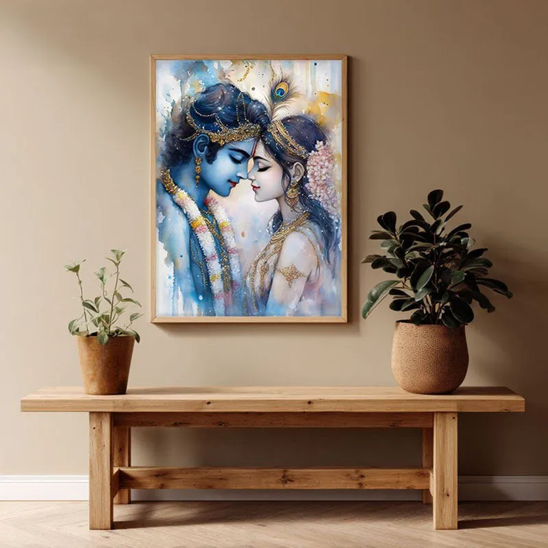 Radhe Gopala Spiritual Archival Paper Wall Painting - Natural Brown Frame media 1