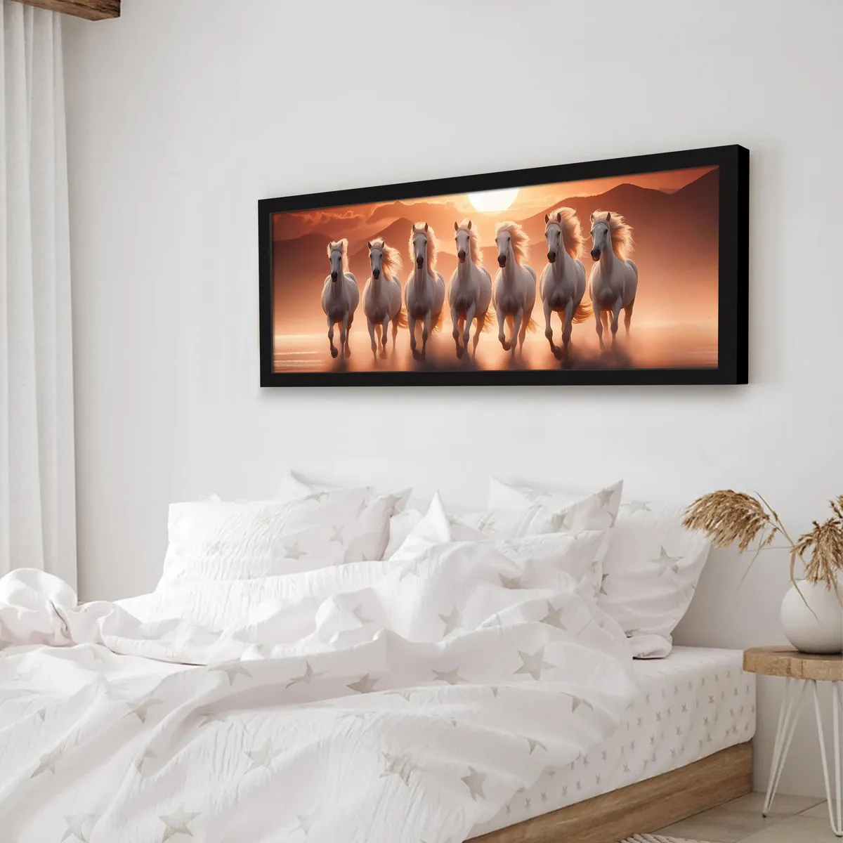 Black-framed horse wall painting displayed above a bed