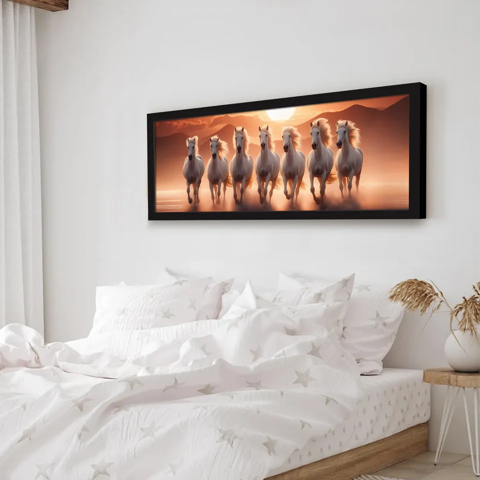 Black-framed horse wall painting displayed above a bed