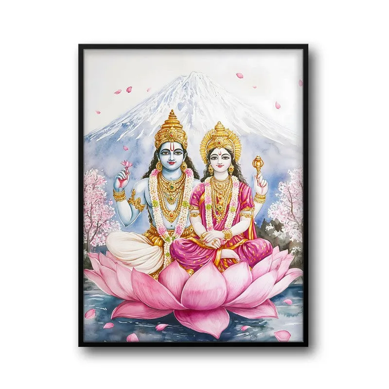Lakshminarayana Spiritual Archival Paper Wall Painting With Frame - Black media 5