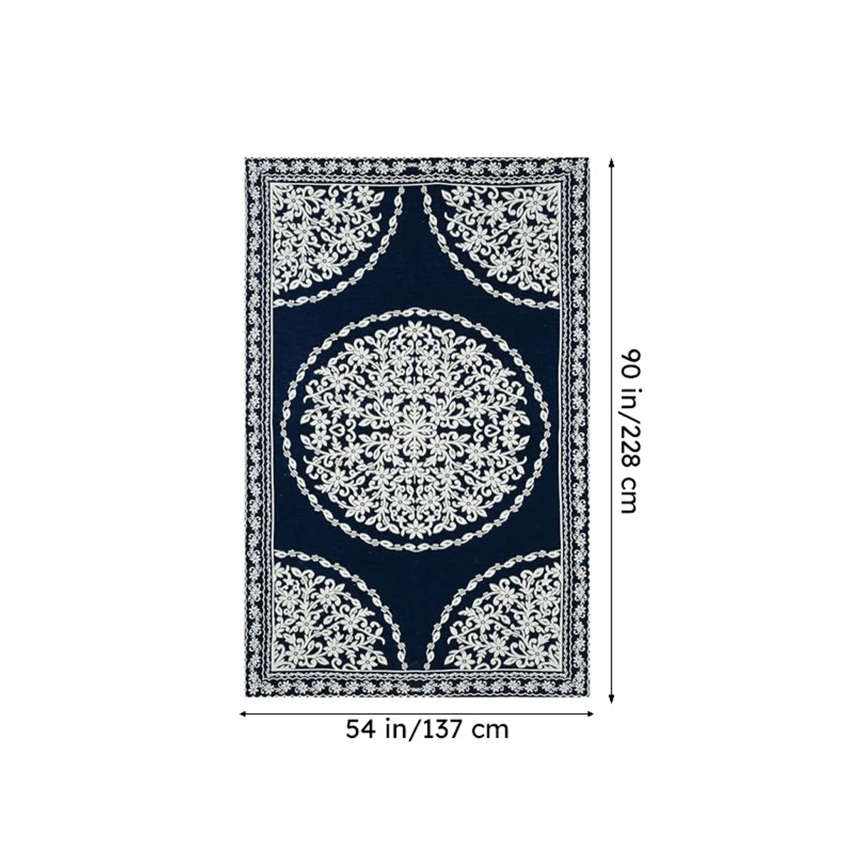 Hand touching the blue chenille table cover with white floral motifs