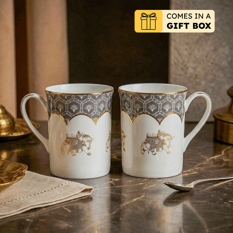 Gilded Legacy Classic 24k Gold Brushed Porcelain Coffee Mug (280 mL Each/Grey) - Set Of Four - 280 ML