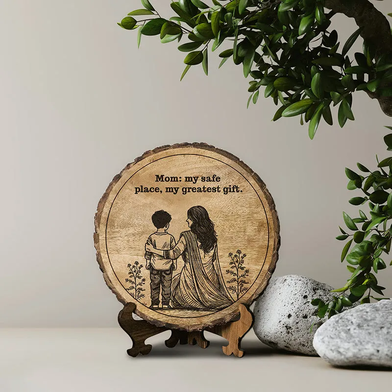 Mom Is Safe Place Wood Showpiece - Round media 1