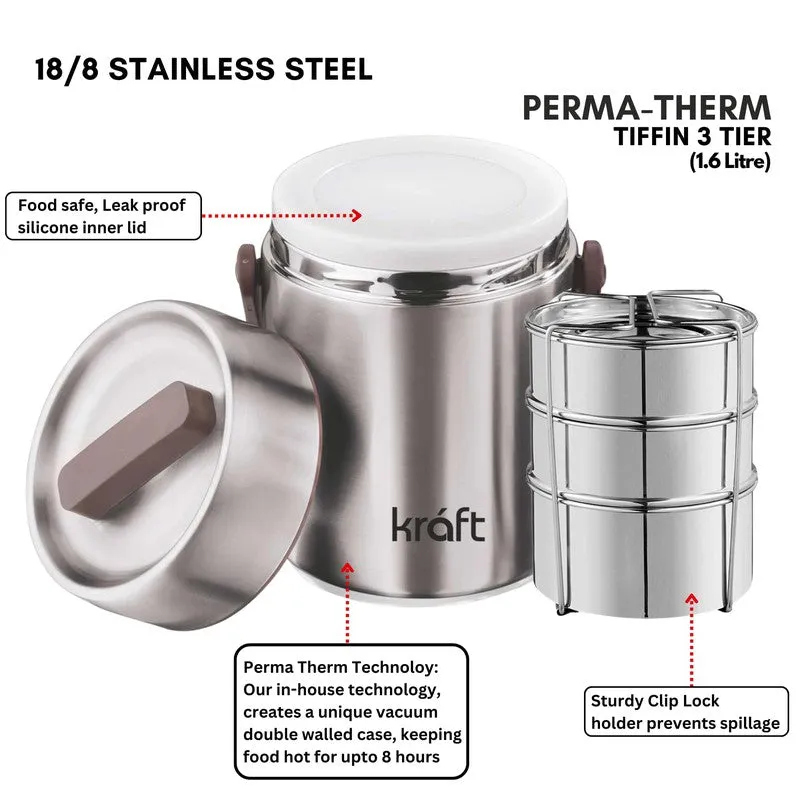 Open silver tiffin carrier with lid, stacked containers and locking holder