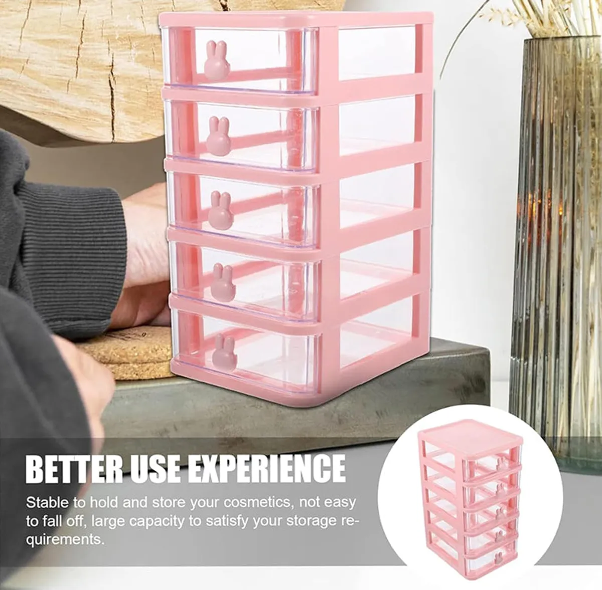 Pink five-tier organiser displayed on a shelf in a home setting