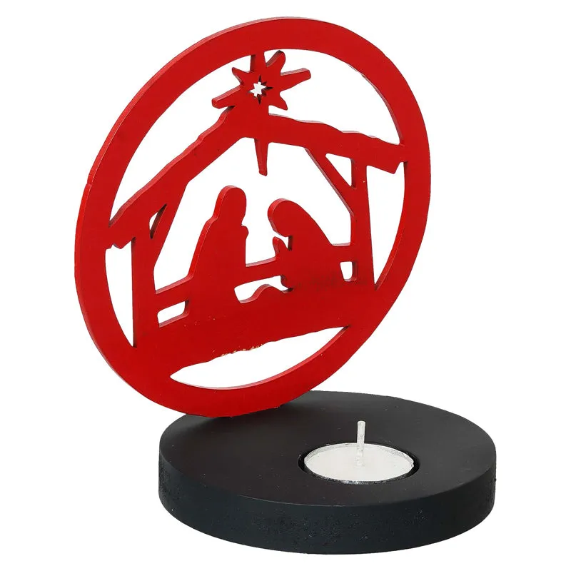 Manger Light Wood Christmas Tea Light Holder - Red media 6