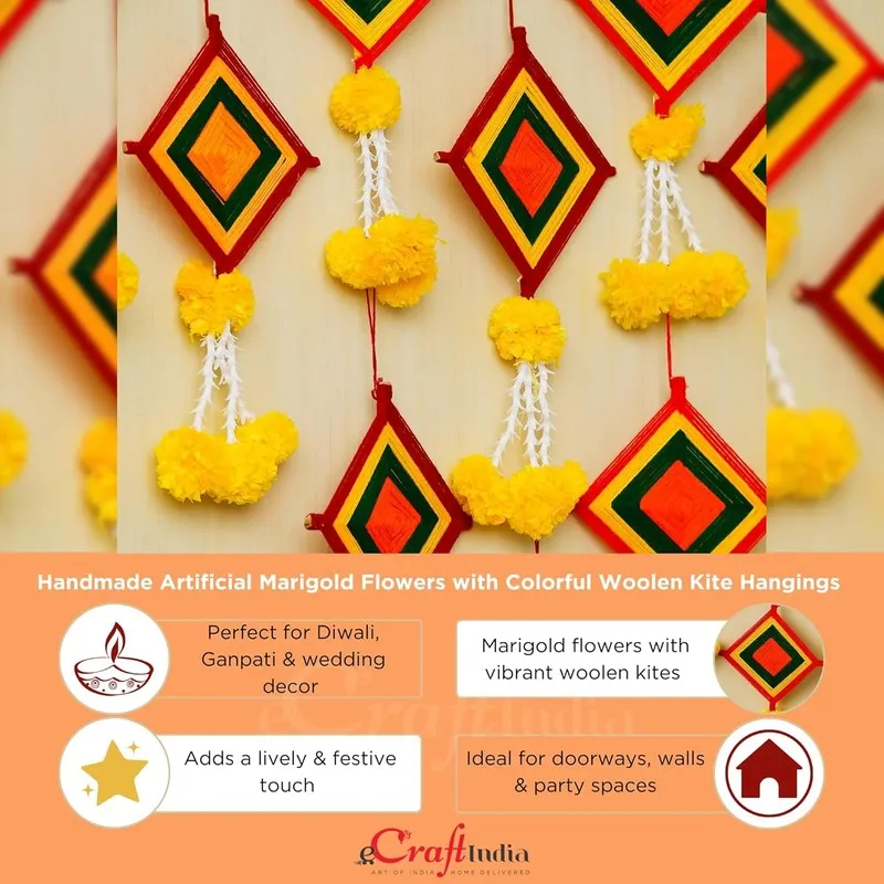 Decorative multicolour latkans hanging on a wall with yellow pom-pom details