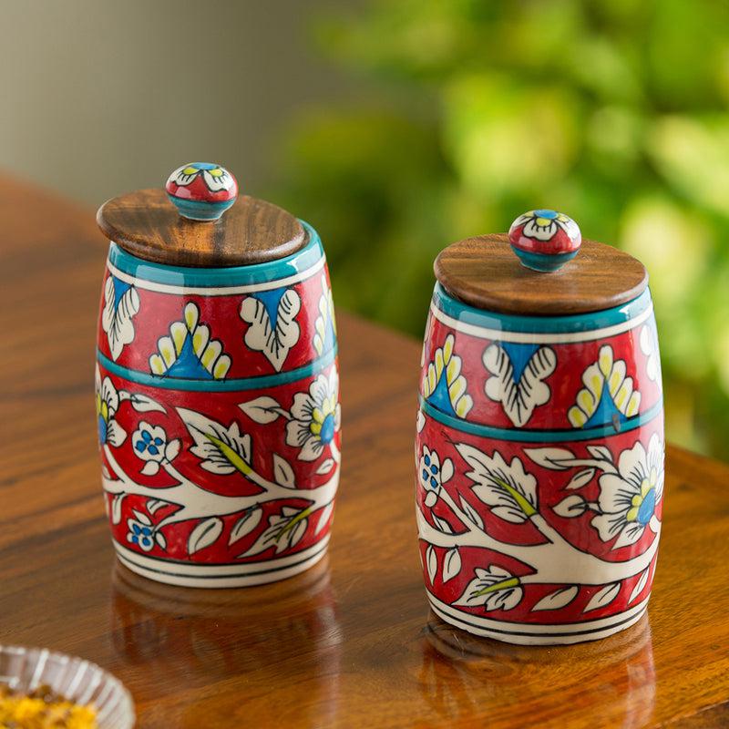 Rang-E-Gul Handpainted Ceramic Multi-Utility Jar (570 mL Each) - Set Of Two