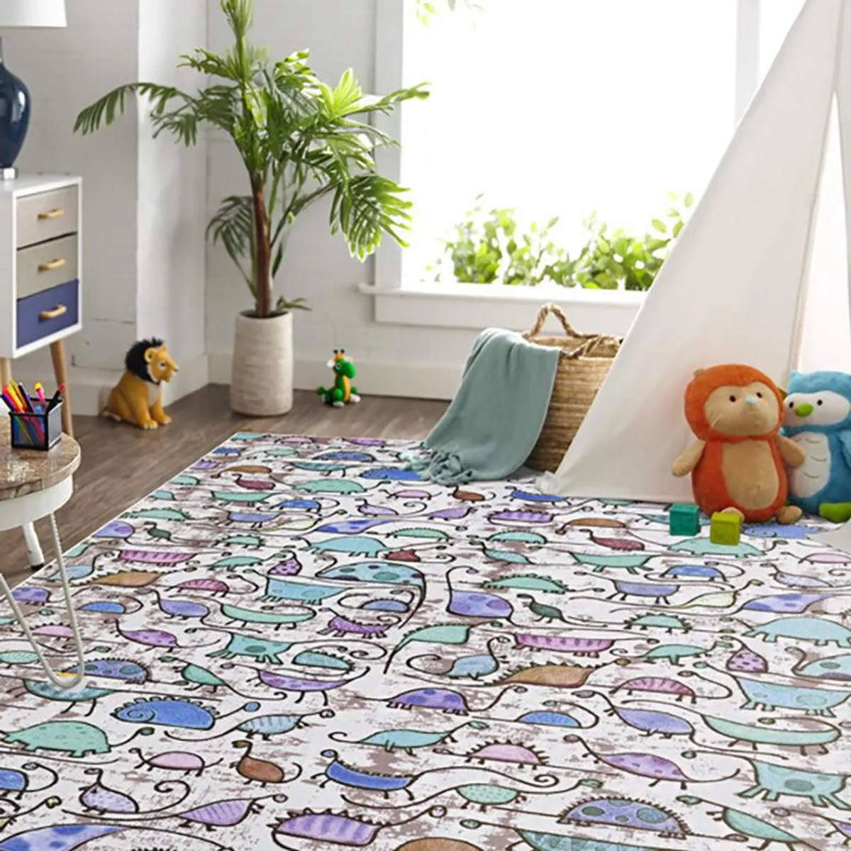 Kids carpet with colourful dinosaur pattern in a playroom setting