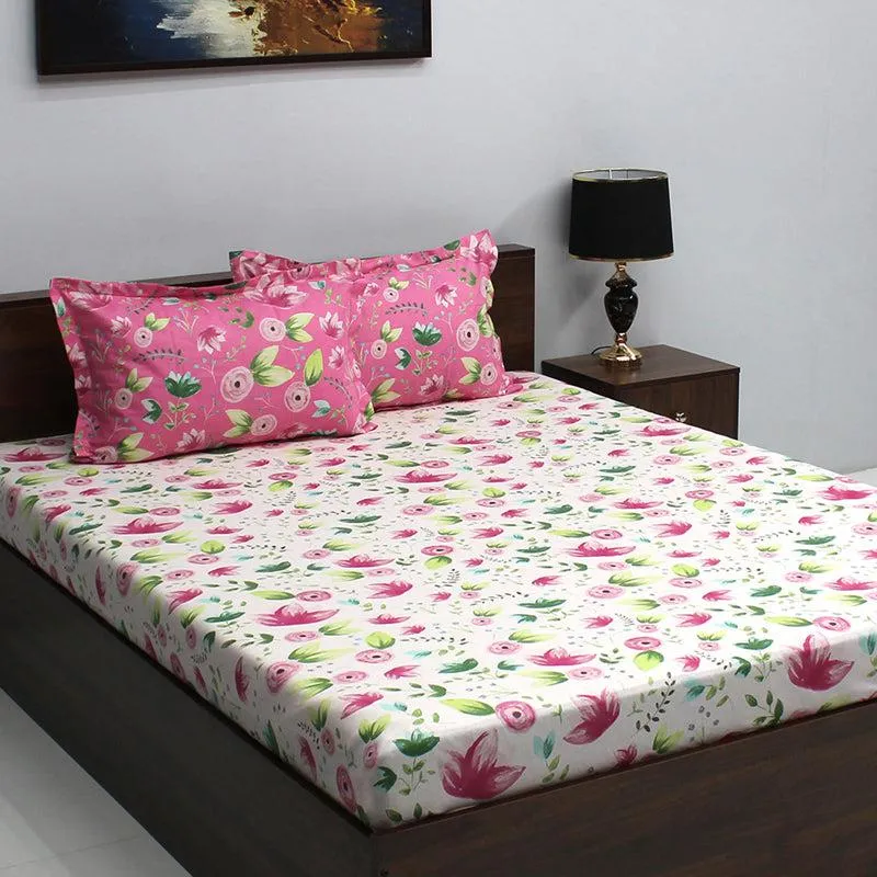 Vidhi Floral Cotton Bedsheet (White,Pink) - 110 TC media 3