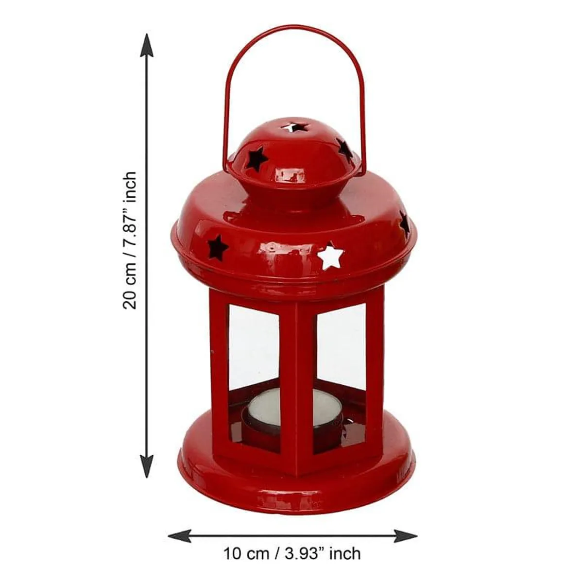 Red lantern-style tealight candle holder with star cut-outs