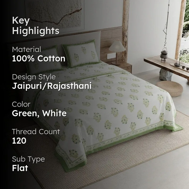 Rang Flow Cotton Bedsheet (Parrot Green,White) - 120 TC media 2