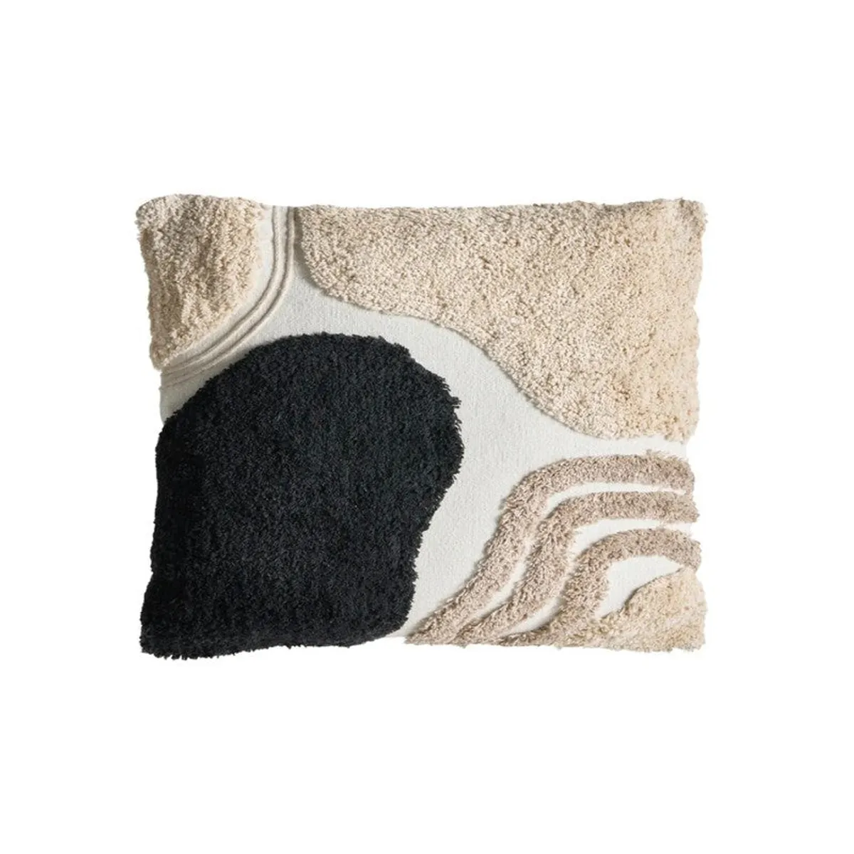 Square tufted cushion cover with black, cream and white abstract shapes