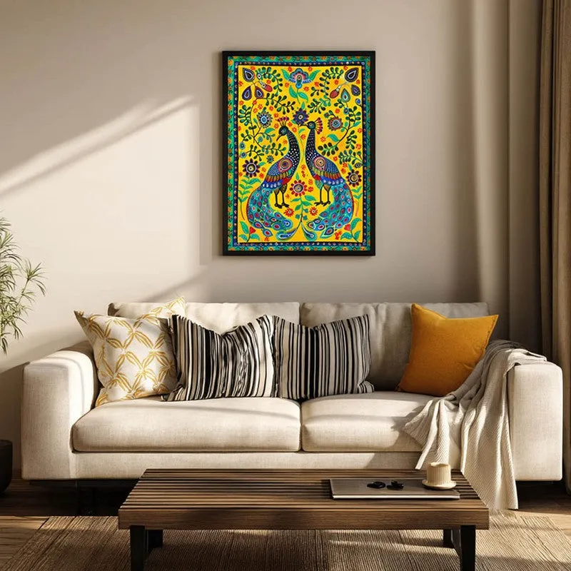 Colorful Peacock Folk Art Canvas Wall Painting With Black Frame media 3