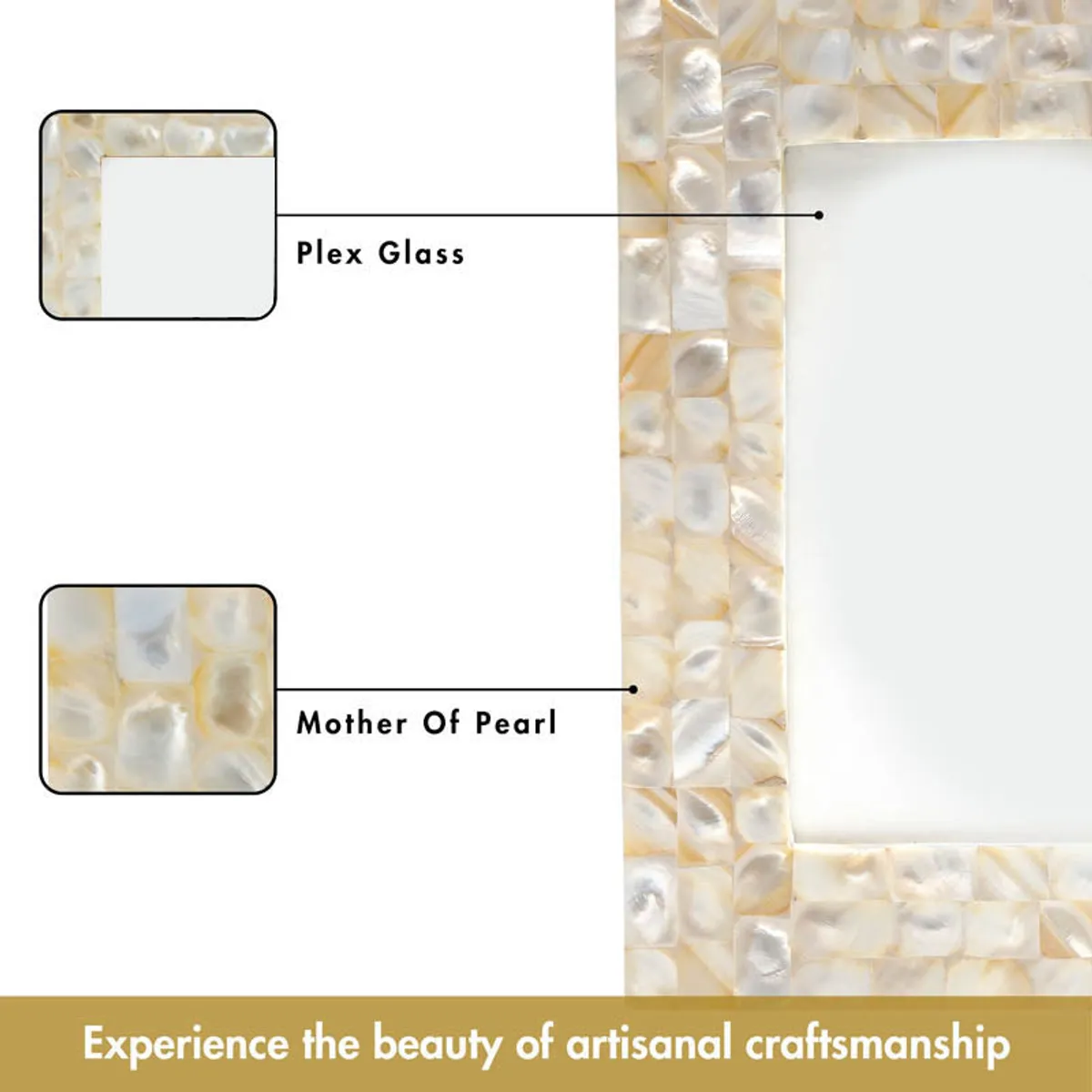 Close-up of the ivory pearl-mosaic frame border and clear photo cover.