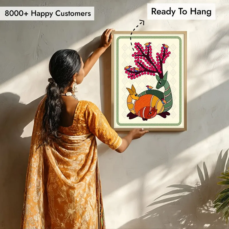 Deer In Color Framed Madhubhani Canvas Archival Canvas Wall Painting - Natural Brown Frame media 7