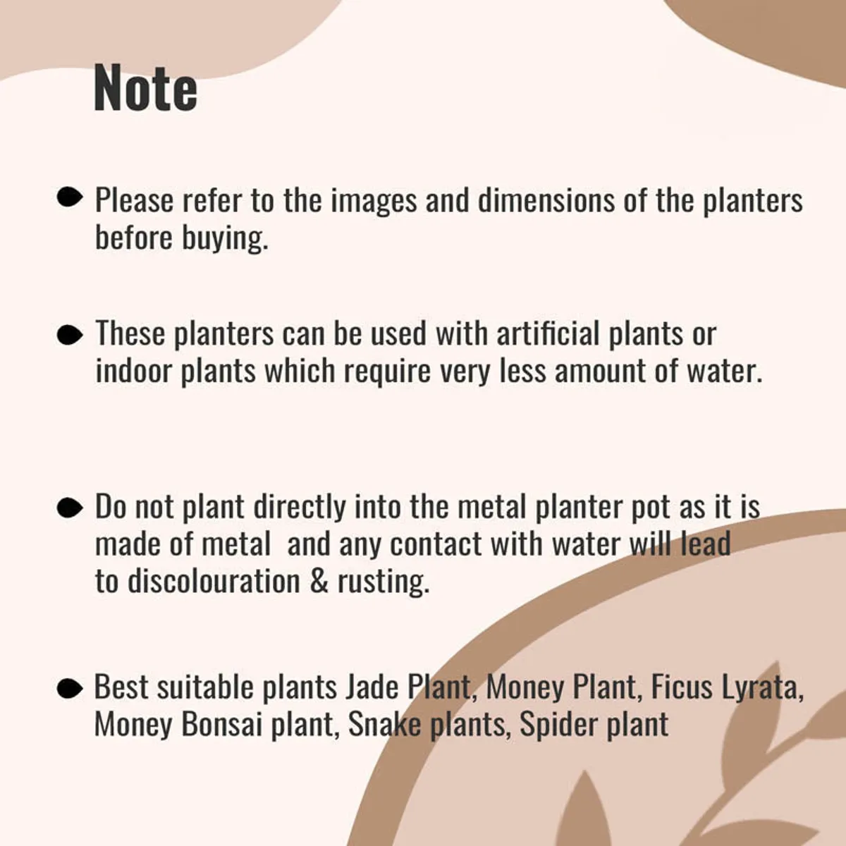 Printed note graphic about planter usage and care