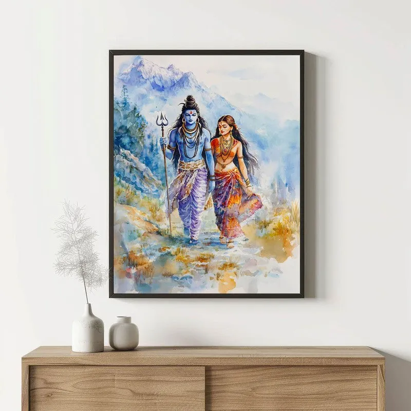 Gangadhara Parvati Spiritual Archival Paper Wall Painting With Frame - Black media 1