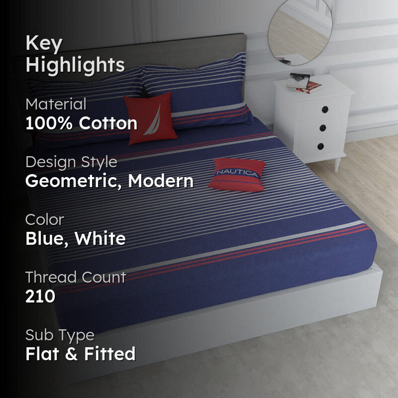 Nautica Versailles Veil Cotton Bedsheet (Blue & Grey) - 210 TC media 2