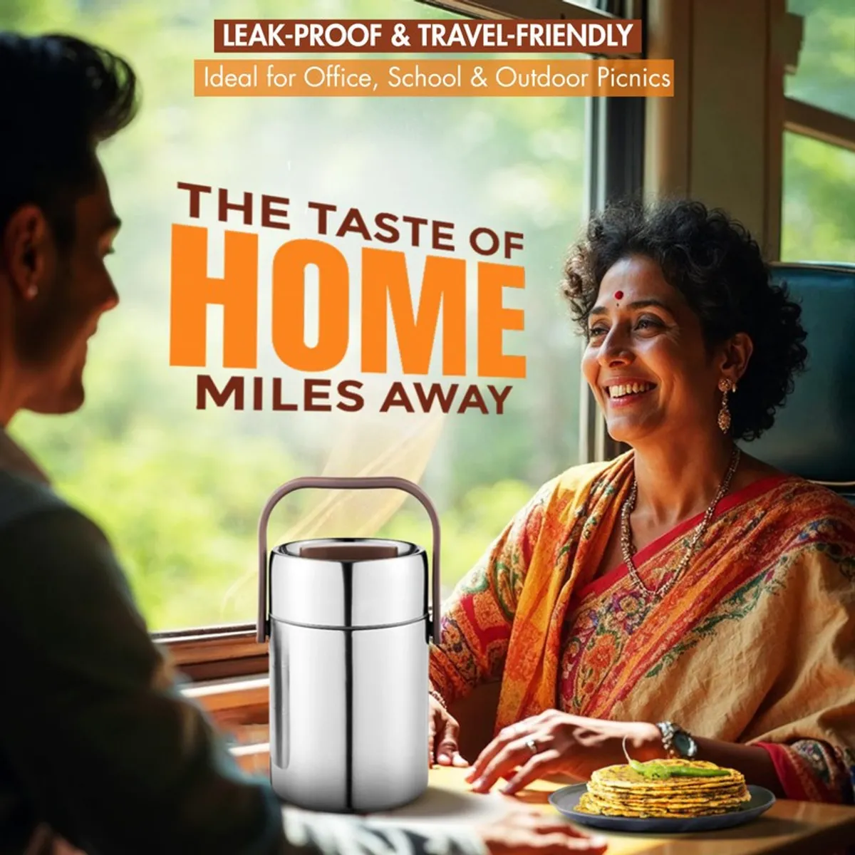 Silver tiffin carrier with handle shown in a train setting beside a family meal