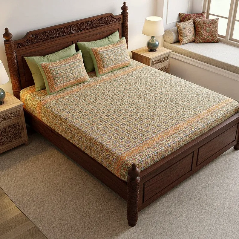 Aavni Cotton Bedsheet (Soft Green, Orange) - 180 TC media 1