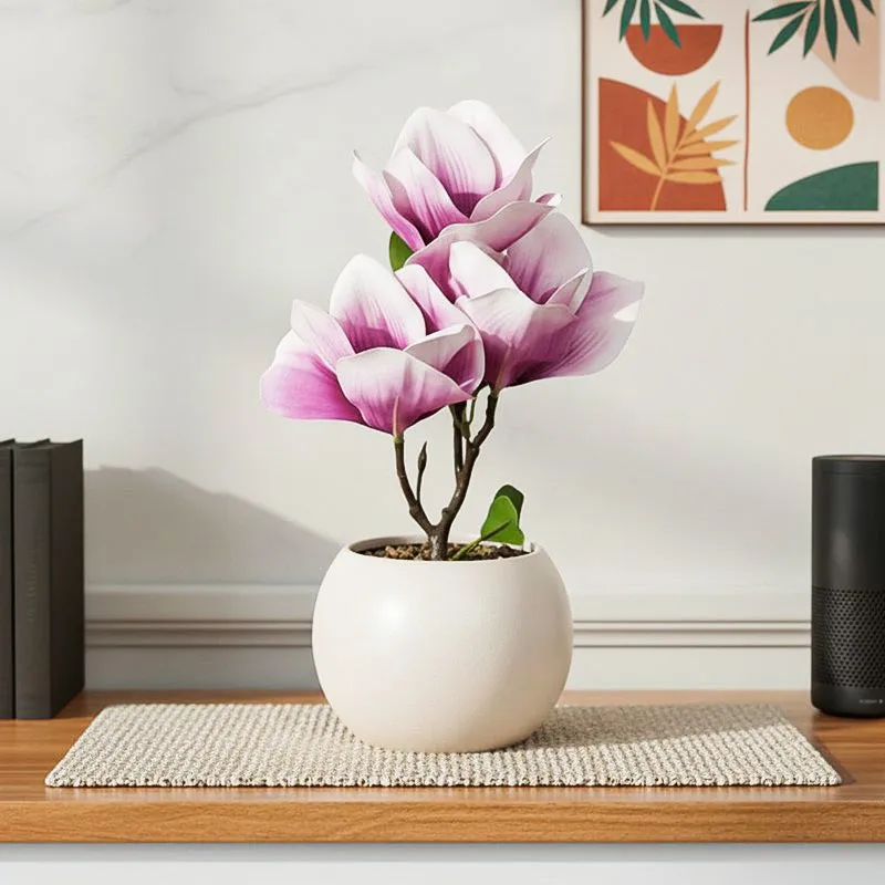 Magnolia Artificial Flower Plant With Black Plastic Pot - Lilac media 6