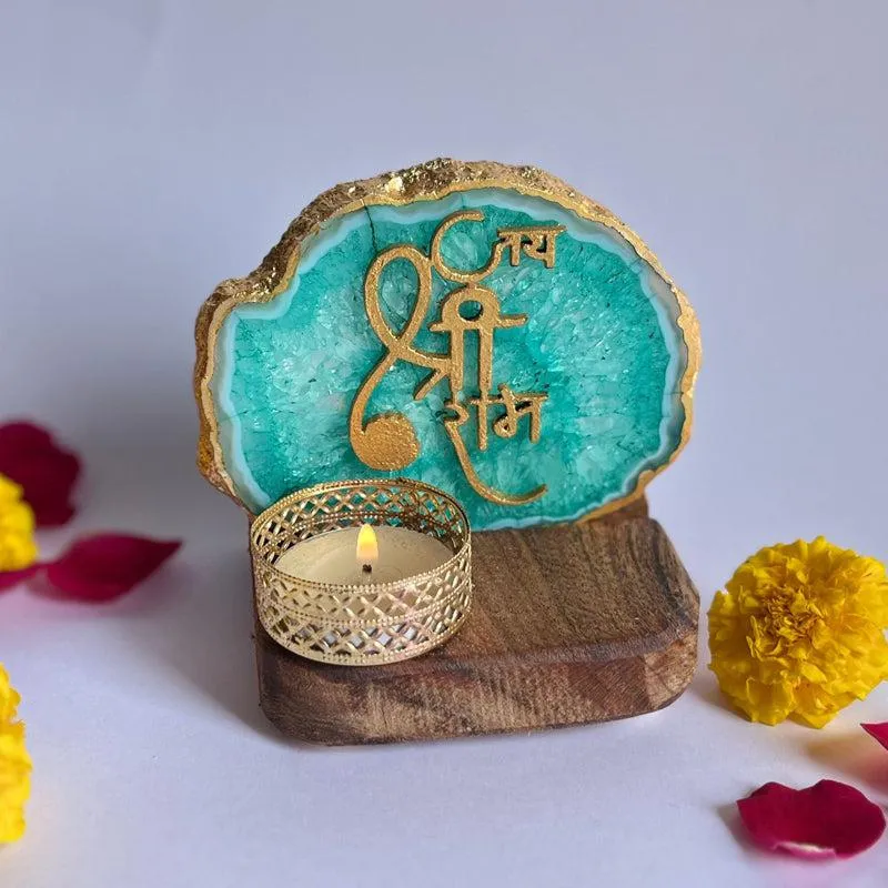 Jai Shri Ram Handcrafted Agate Religious Accent With Tealight Candle Holder - Green media 4