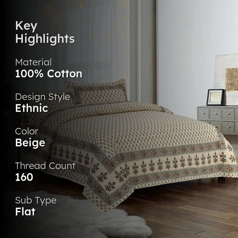 Koleen Printed Cotton Bedsheet (Beige) - 160 TC media 2