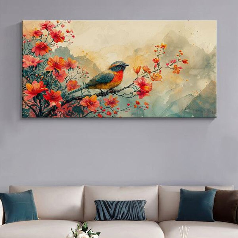 Hushed Bird And Blossoms Poly Canvas Wall Painting
