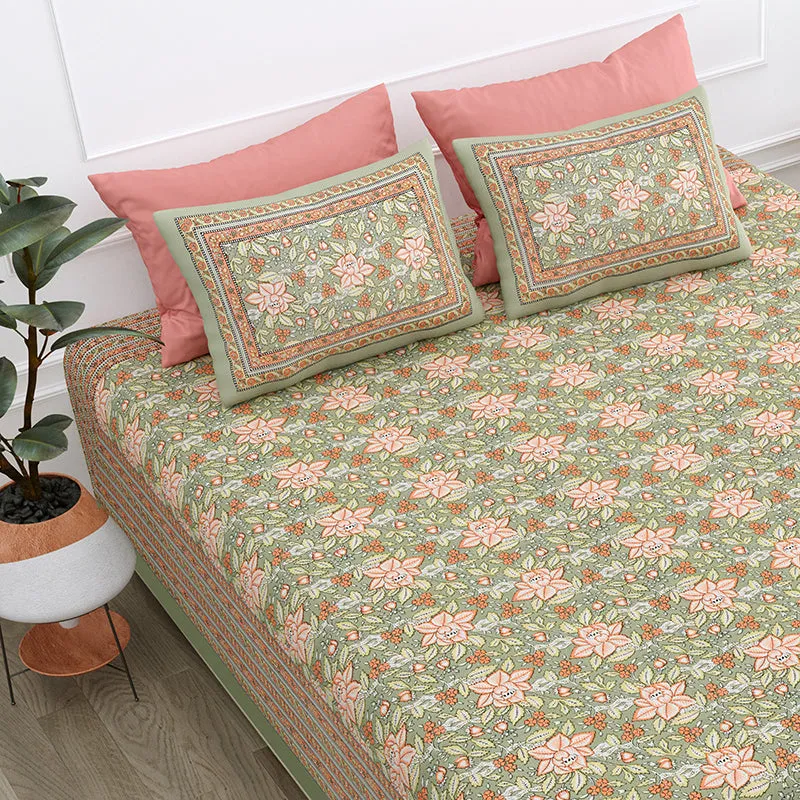 Dhriti Cotton Bedsheet (Soft Green, Pink) - 180 TC media 4