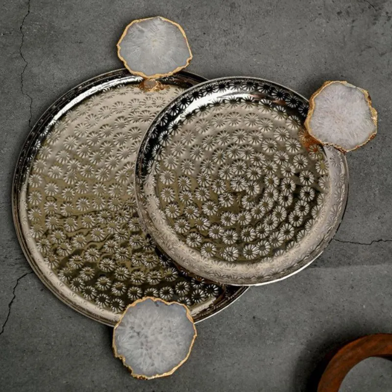 Samitha (Aluminum,Agate) Platter With Agate Decoration (White) - Set of Two media 4
