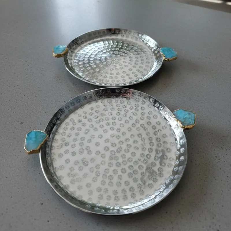Samitha (Aluminum,Agate) Platter With Agate Decoration (Green) - Set of Two media 3
