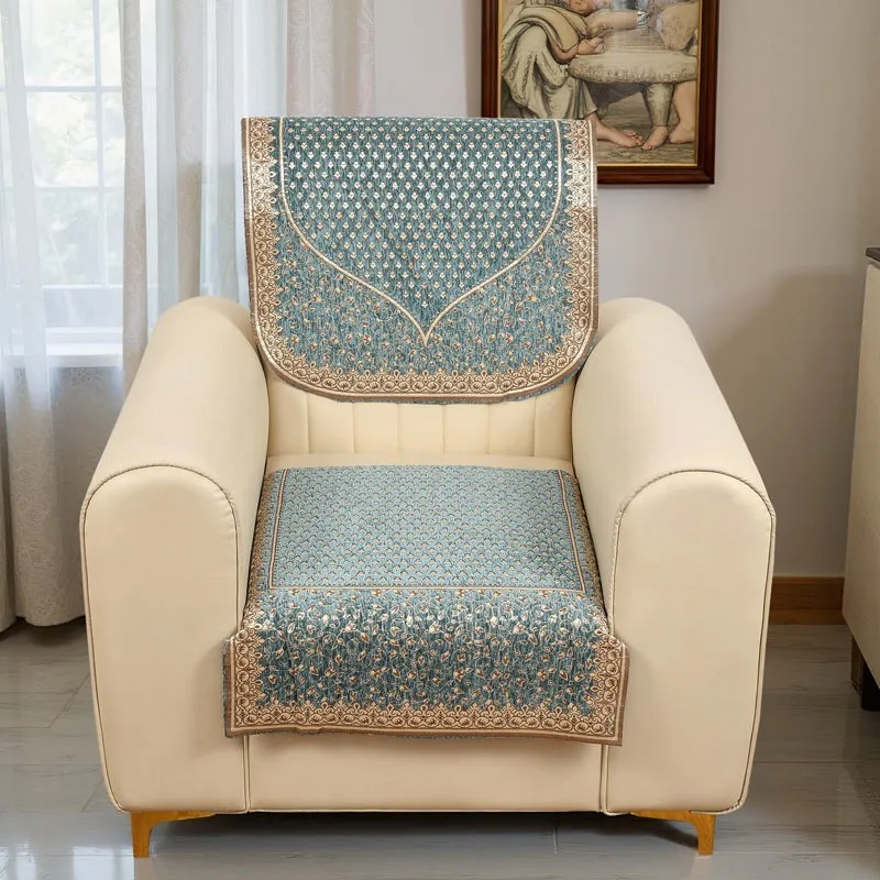 Petite Leaves Chenille Sofa Cover - Blue media 4