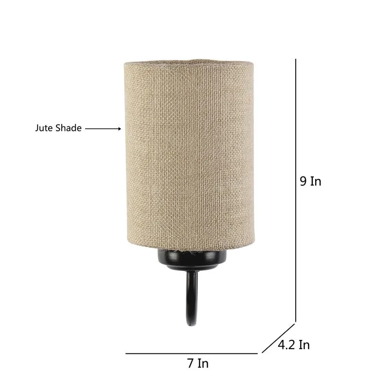 Front view of cylindrical jute wall lamp with visible measurement graphic