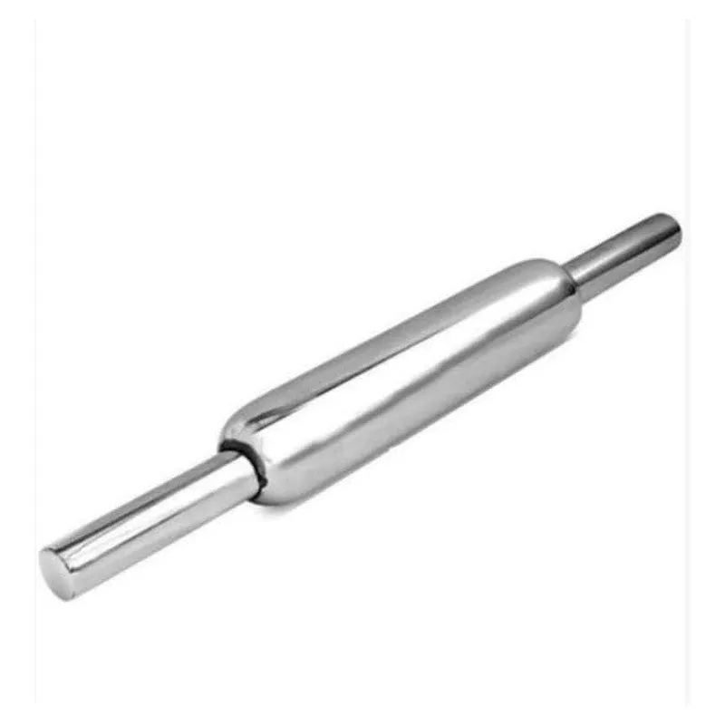 Silver steel rolling pin on a plain white background