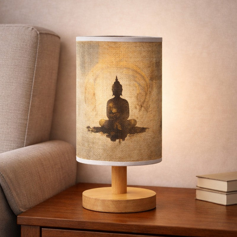 Meditating Buddha Jute & Wooden Table Lamp - Beige