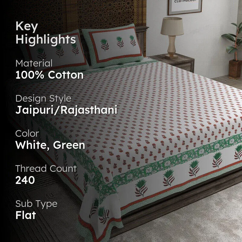Gardena Cotton Bedsheet (White,Green) - 240 TC media 2