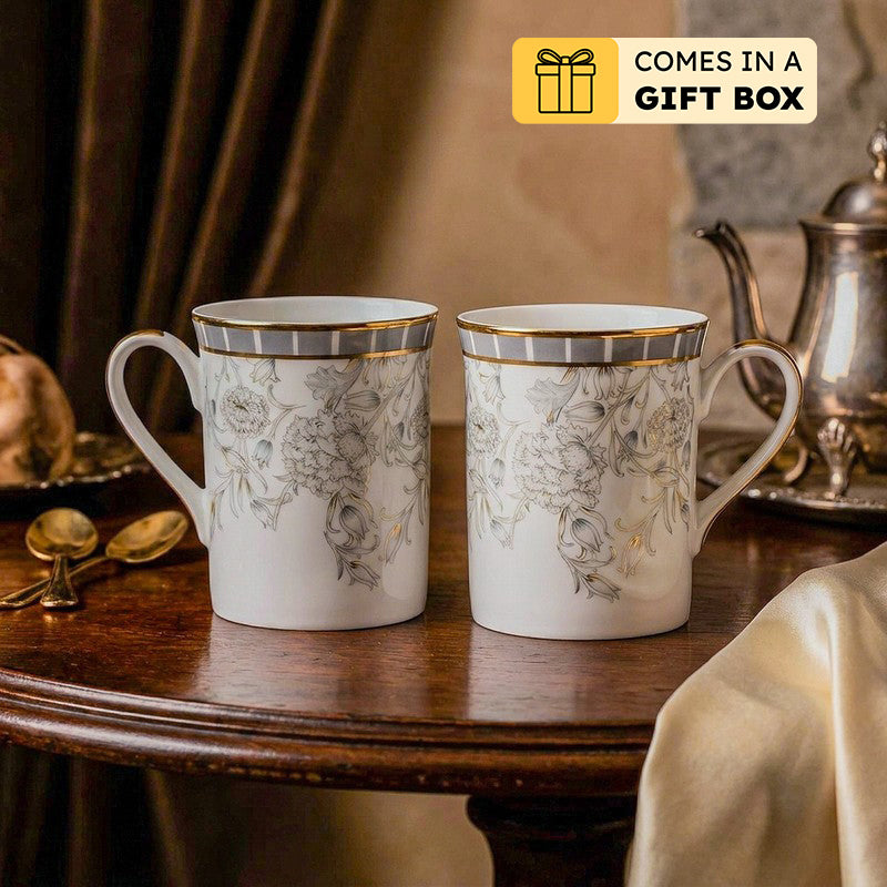 Gilded Iris Classic 24k Gold Brushed Porcelain Coffee Mug (300 mL Each/Grey) - Set Of Six