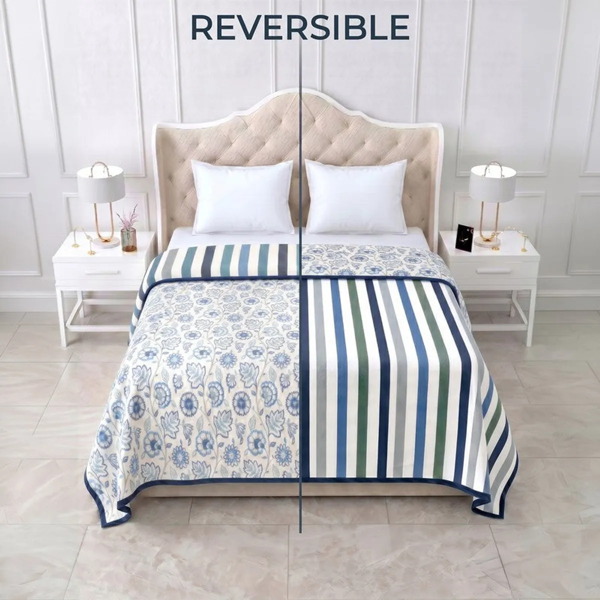 Bed styled with the reversible dohar showing both sides