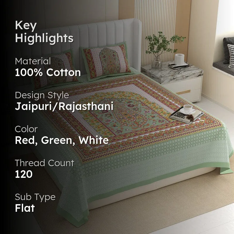 Ethnic Bloomy Cotton Bedsheet (Red,Green,White) - 120 TC media 2