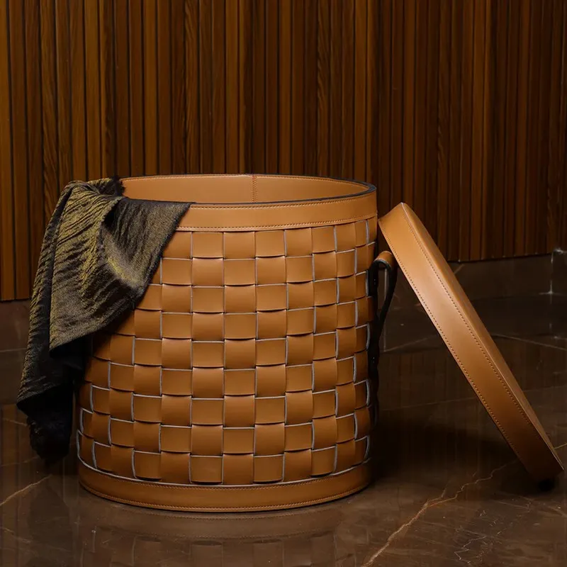 Storex Faux Leather Laundry Basket - Brown media 5